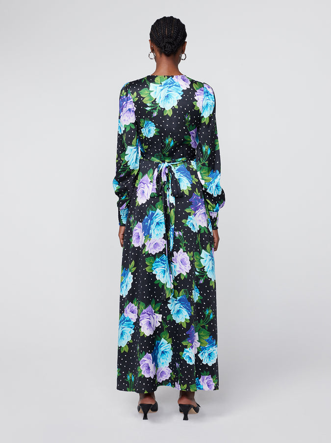 Aurora Blue Painted Rose Maxi Dress