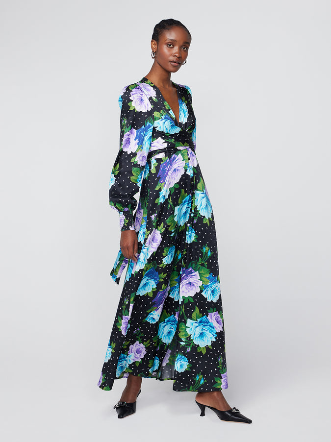 Aurora Blue Painted Rose Maxi Dress