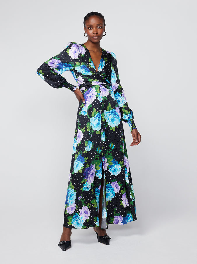Aurora Blue Painted Rose Maxi Dress