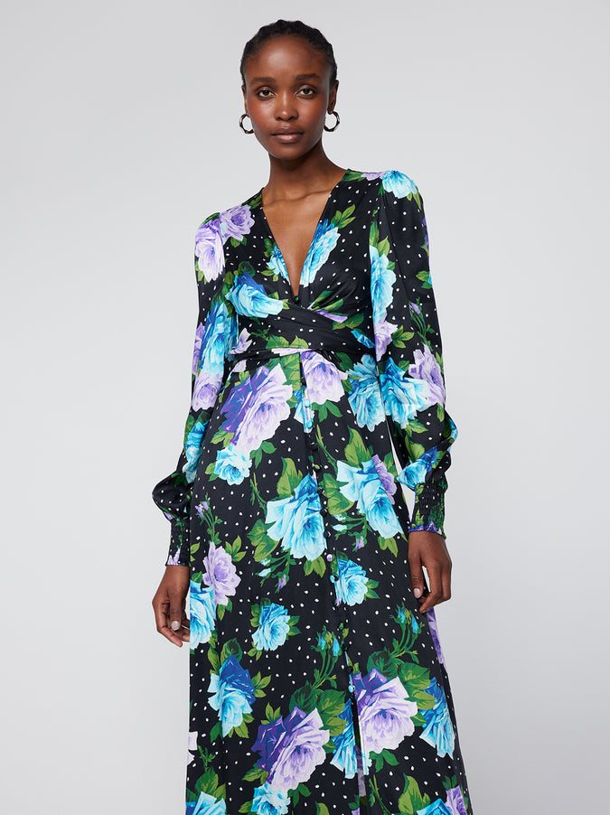 Aurora Blue Painted Rose Maxi Dress