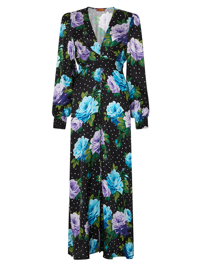 Aurora Blue Painted Rose Maxi Dress