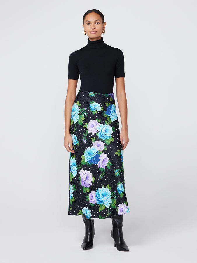 Layla Blue Painted Rose Midi Skirt