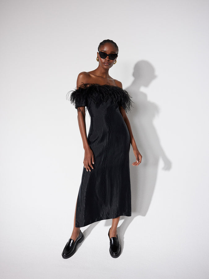 Vivien Black Feather Midi Dress