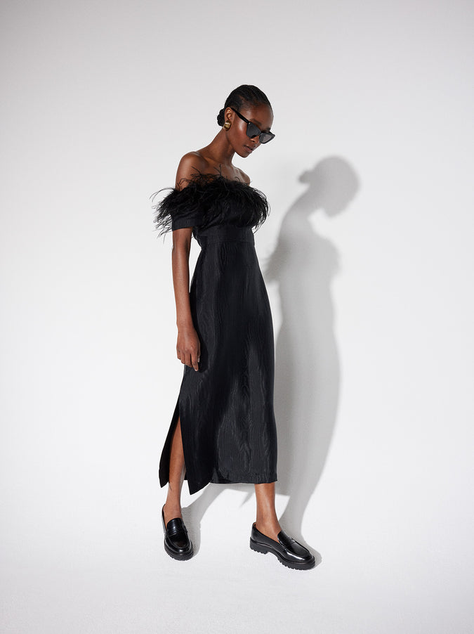 Vivien Black Feather Midi Dress