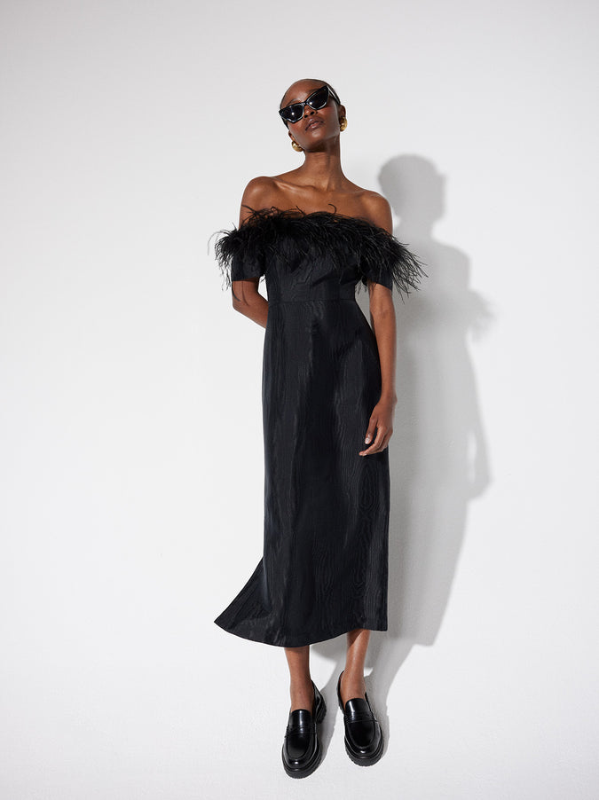 Vivien Black Feather Midi Dress