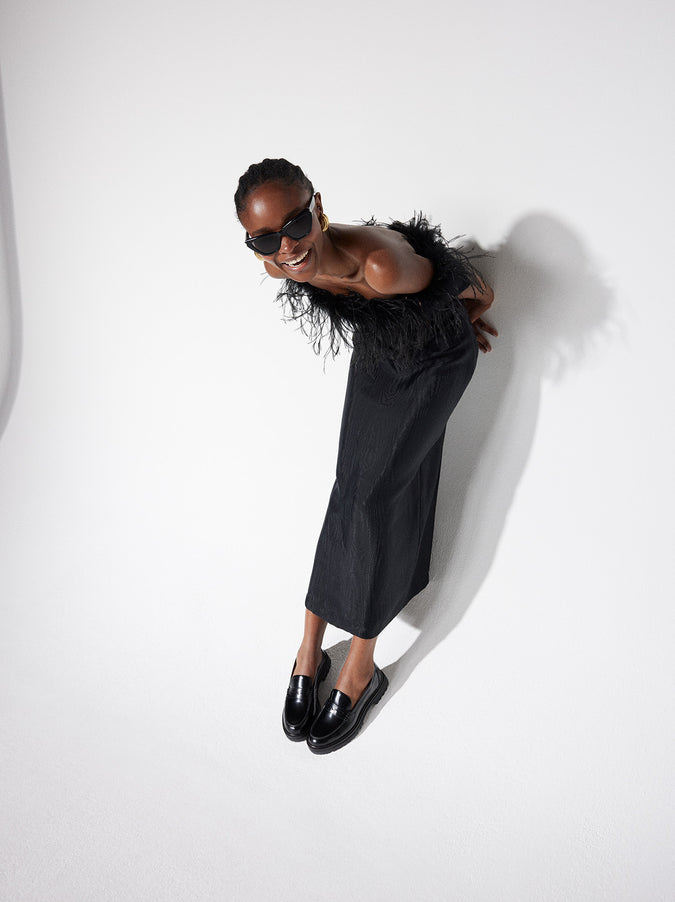 Vivien Black Feather Midi Dress