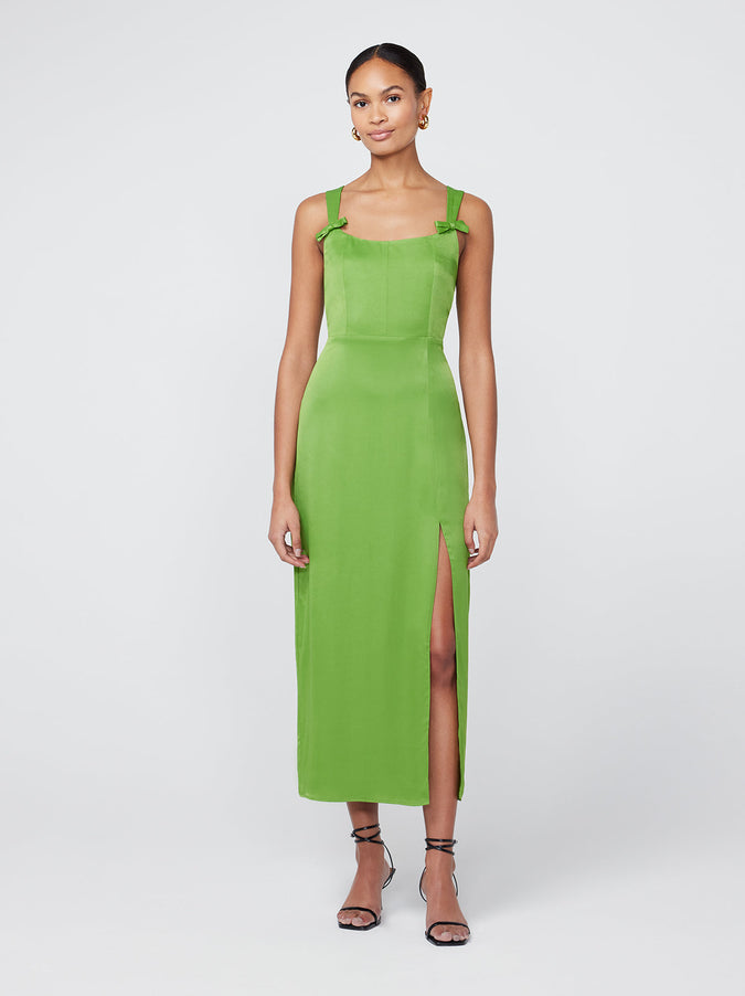 Rosalind Kiwi Green Satin Midi Dress