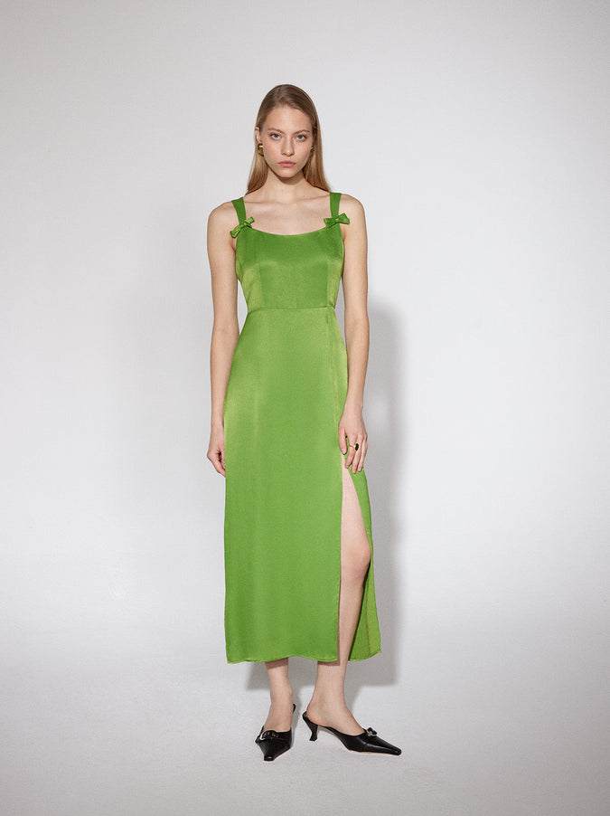Rosalind Kiwi Green Satin Midi Dress
