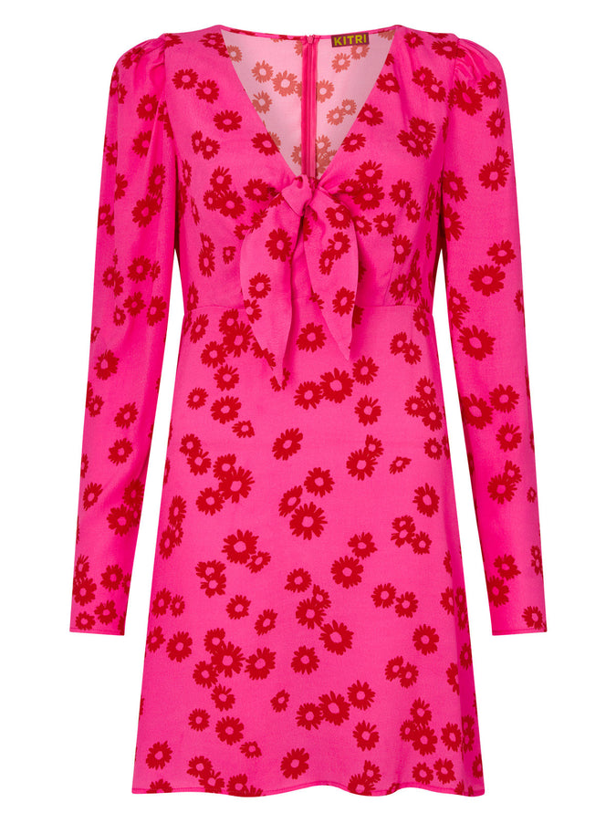 Amalie Pink Daisy Print Tie Front Mini Dress by KITRI Studio