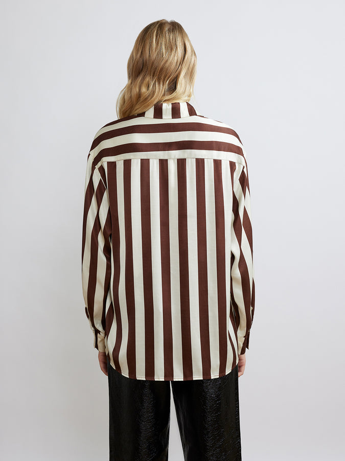 Angela Chocolate Striped Satin Shirt by KITRI Studio