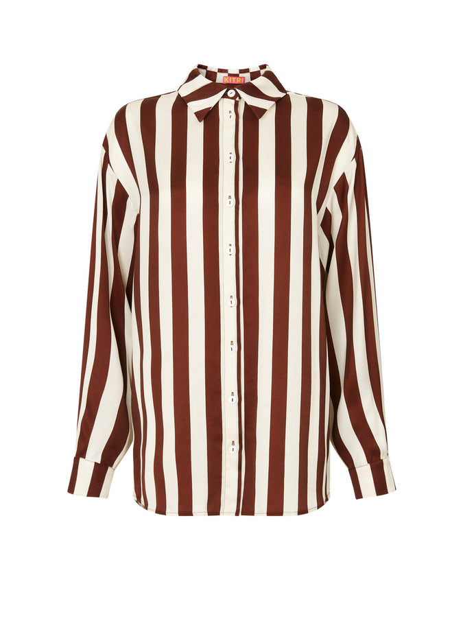 Angela Chocolate Striped Satin Shirt by KITRI Studio