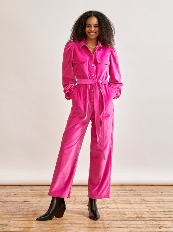 Angie Pink Cotton Velvet Jumpsuit by KITRI Studio
