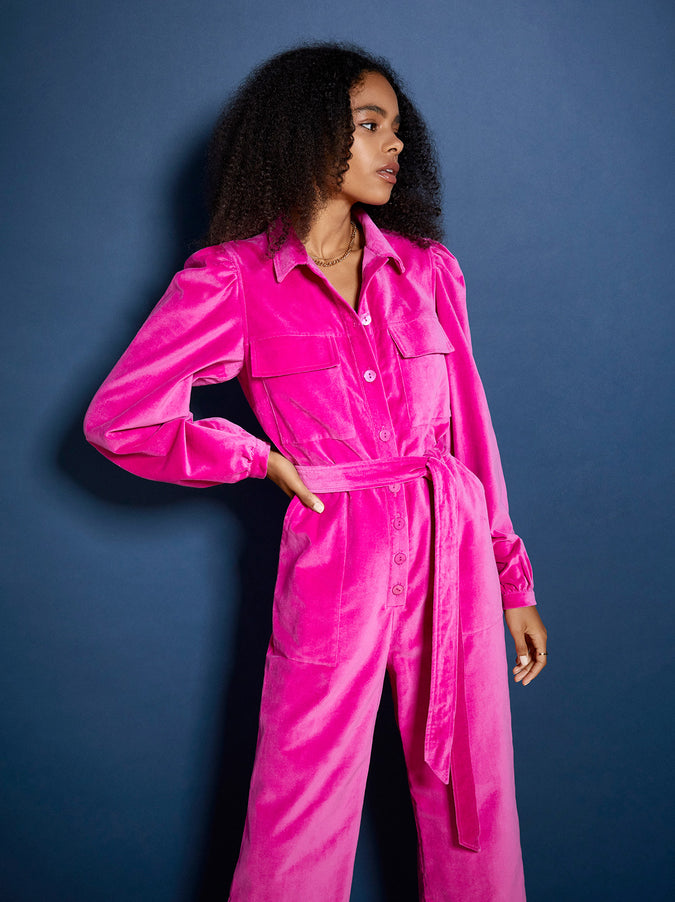 Angie Pink Cotton Velvet Jumpsuit by KITRI Studio