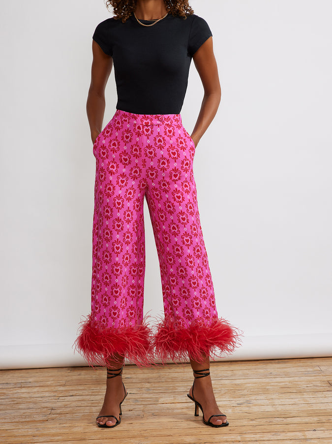 Apollo Pink Heart Print Feather Trousers by KITRI Studio