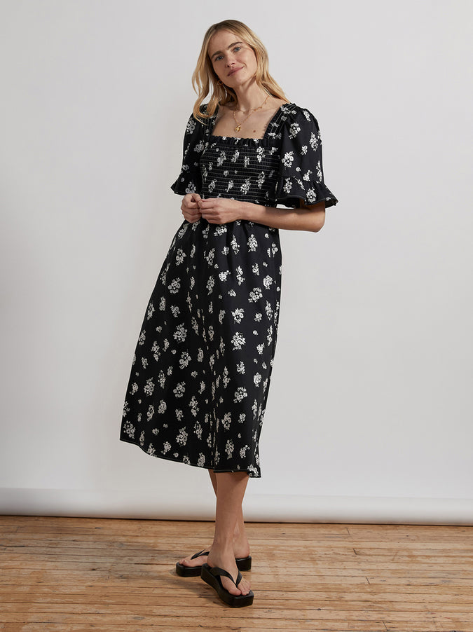 Arabella Black Mono Floral Midi Dress