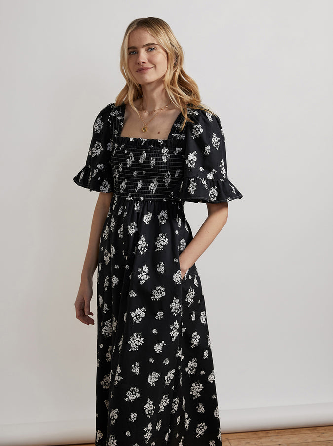 Arabella Black Mono Floral Midi Dress