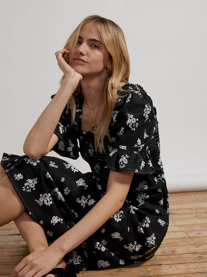 Arabella Black Mono Floral Midi Dress