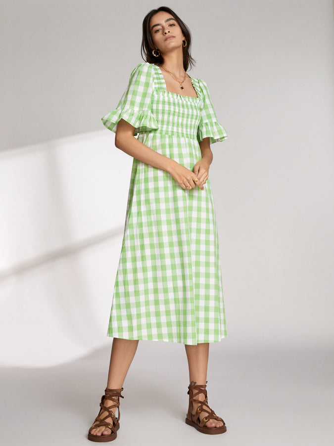 Arabella Green Gingham Shirred Dress by KITRI Studio