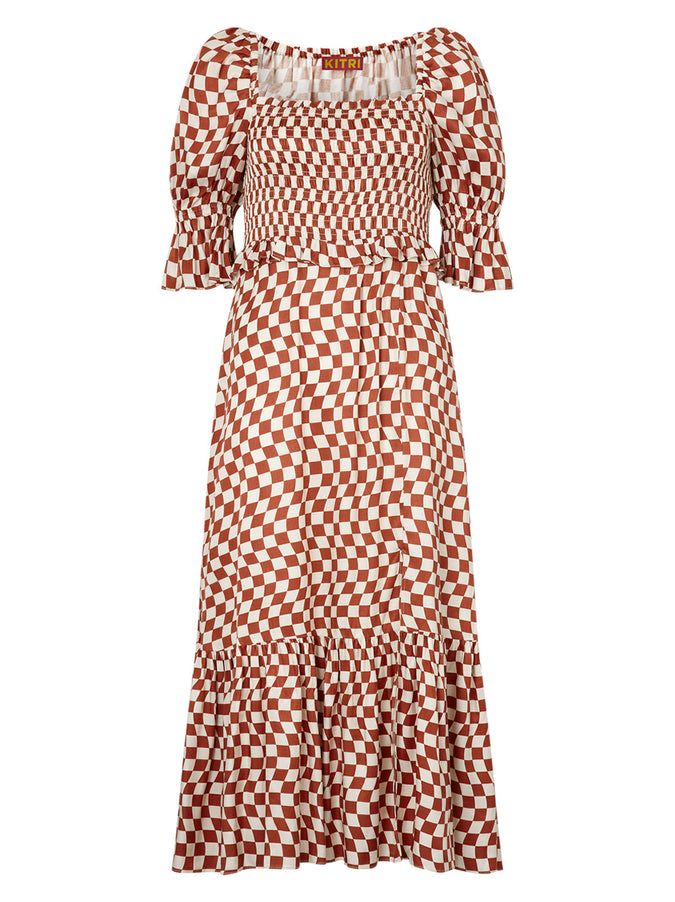 Barbara Brown Wavy Checker Shirred Dress by KITRI Studio