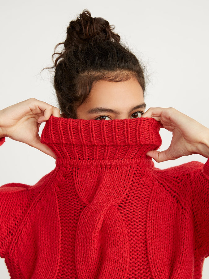 Belle Red Wool Cable Knit Jumper by KITRI Studio