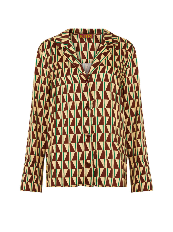 Cady Chocolate Tile Print Satin Shirt by KITRI Studio