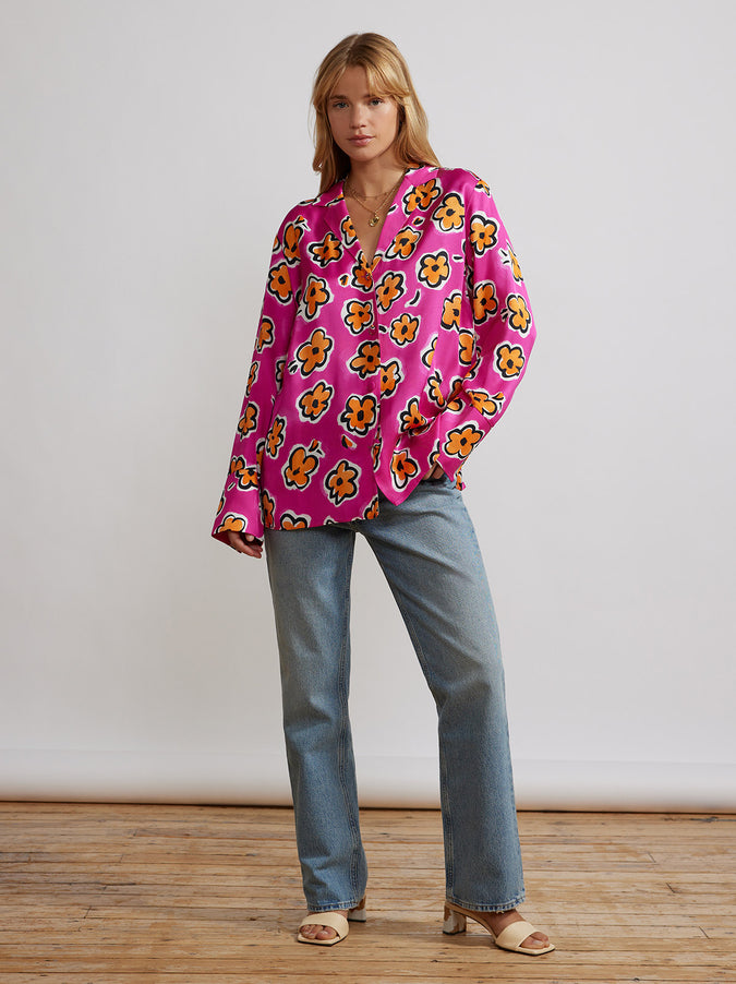 Cady Pink Painted Floral Satin Shirt by KITRI Studio