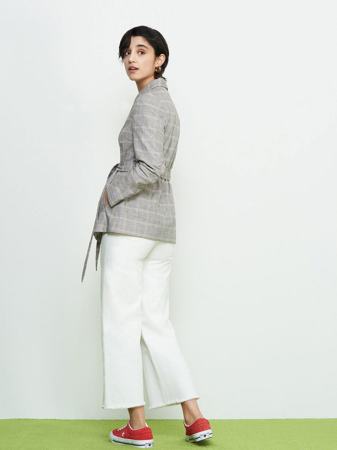 Camilla Grey Check Linen Wrap Jacket by KITRI Studio