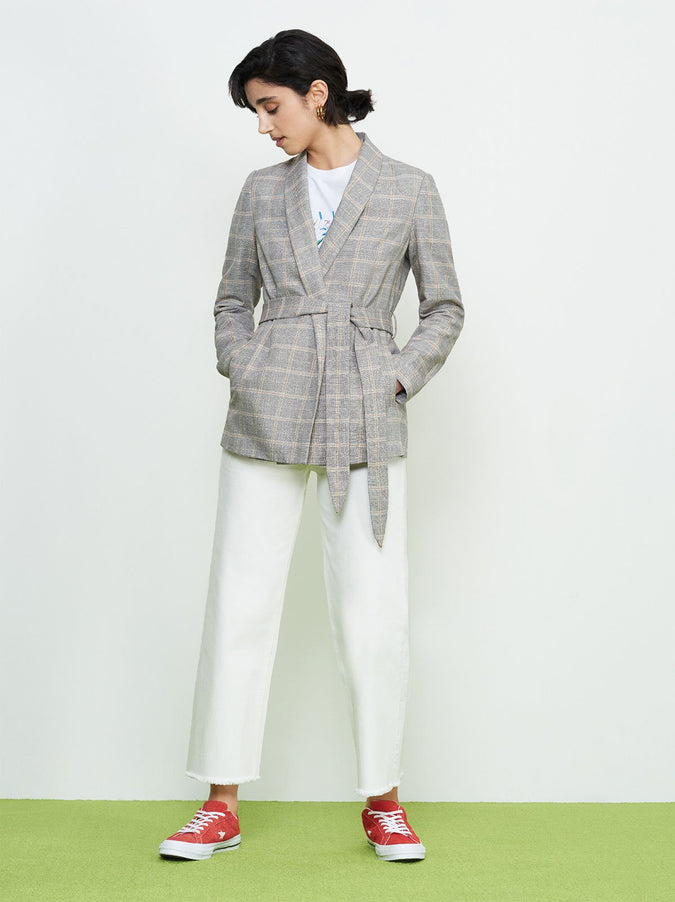 Camilla Grey Check Linen Wrap Jacket by KITRI Studio