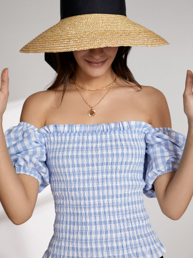 Carmilla Blue Gingham Shirred Top by KITRI Studio