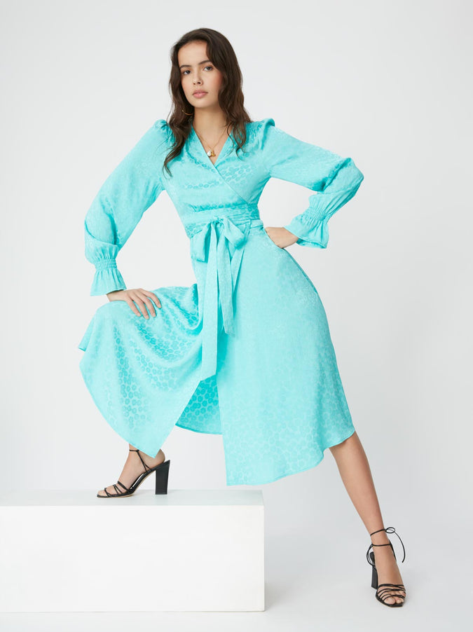Claire Mint Daisy Jacquard Wrap Dress by KITRI Studio