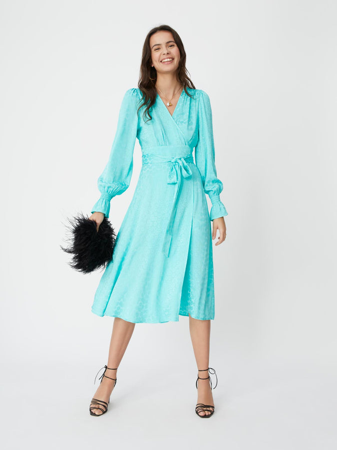 Claire Mint Daisy Jacquard Wrap Dress by KITRI Studio
