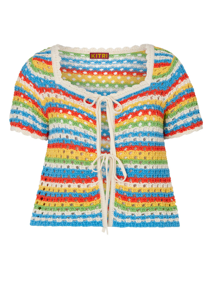 Drew Blue Stripe Crochet Knit Short Sleeve Cardigan