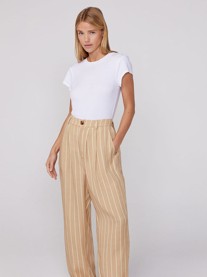 Edith Camel Stripe Wide-Leg Trousers by KITRI Studio