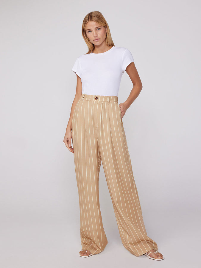 Edith Camel Stripe Wide-Leg Trousers by KITRI Studio