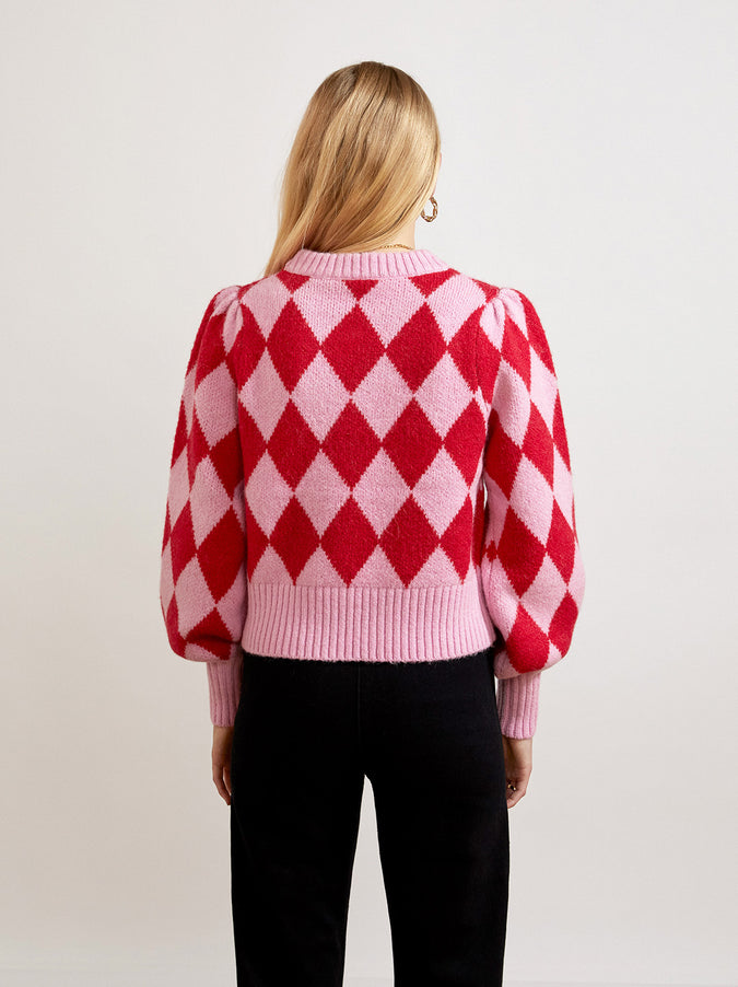 Elliott Pink And Red Diamond Checker Sweater by KITRI Studio