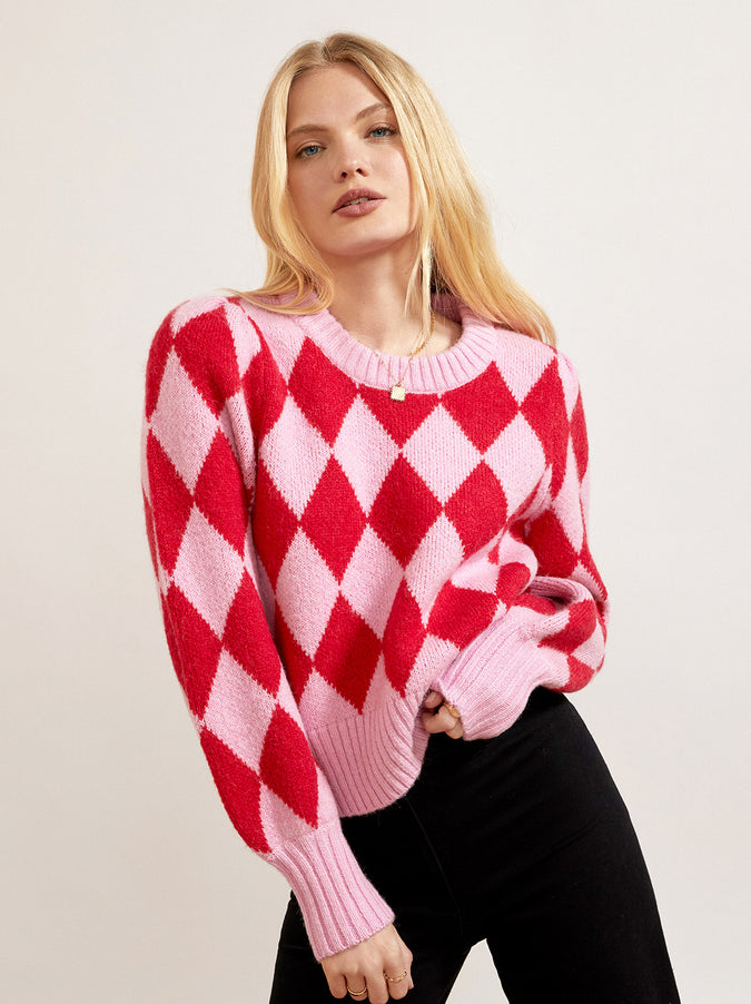Elliott Pink And Red Diamond Checker Sweater by KITRI Studio