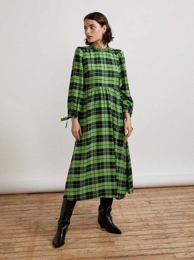 Elsa Frill Neck Green Check Midi Dress by KITRI Studio