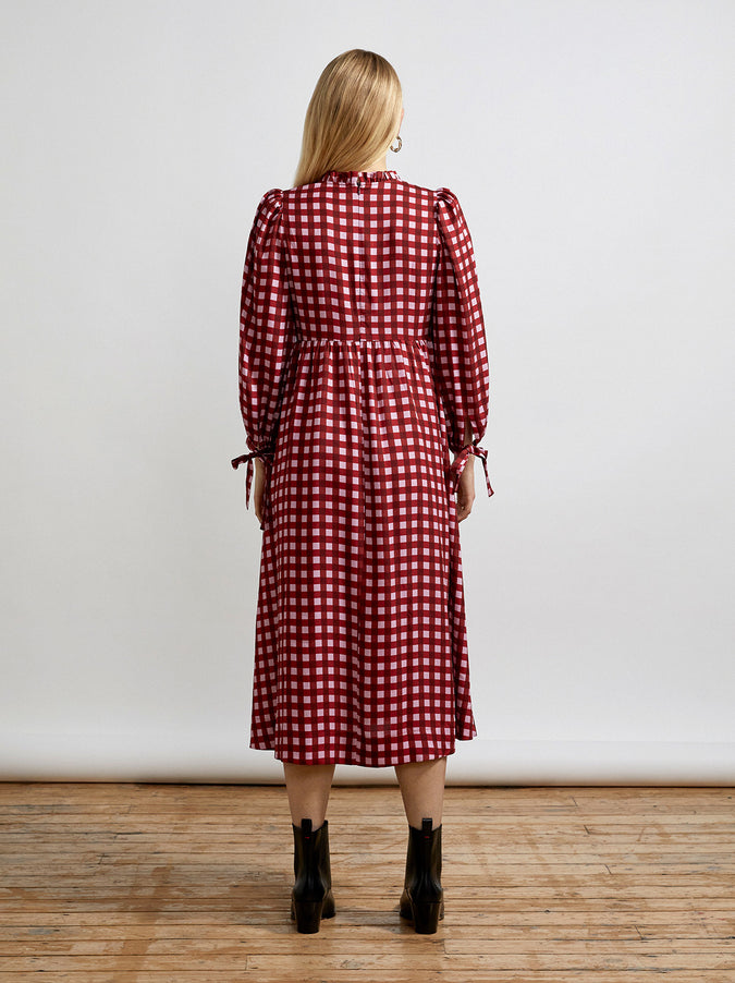 Elsa Frill Neck Pink Checked Midi Dress by KITRI Studio