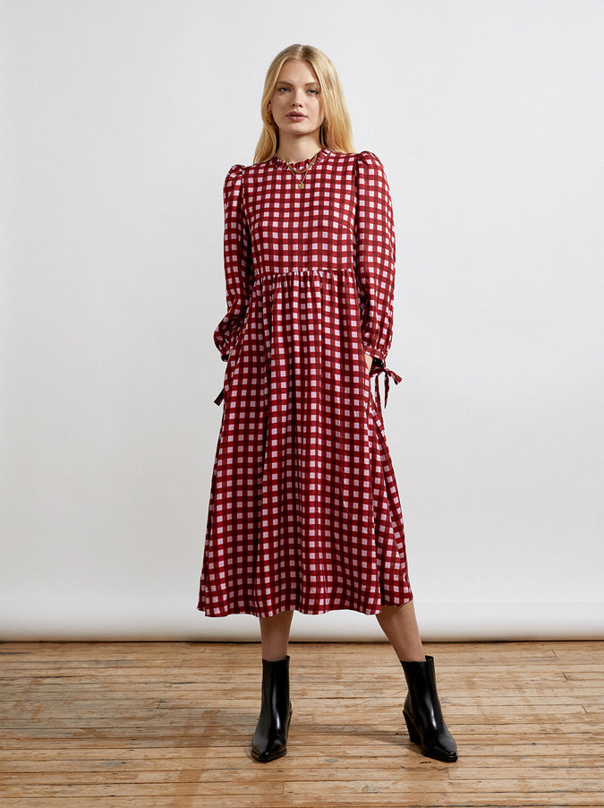 Elsa Frill Neck Pink Checked Midi Dress by KITRI Studio