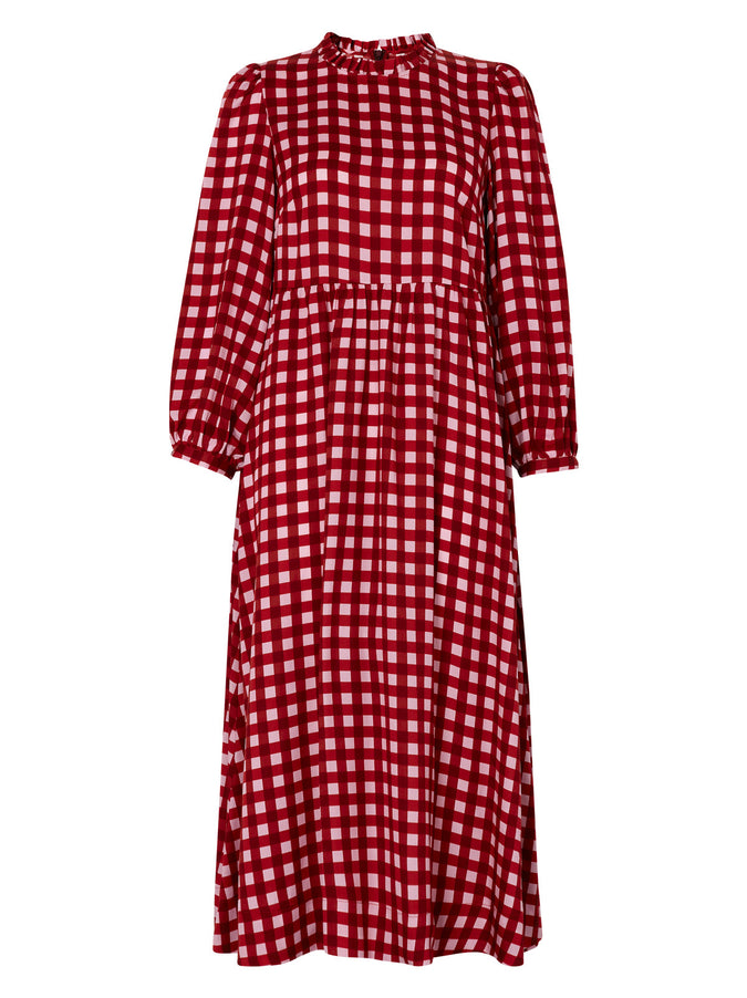 Elsa Frill Neck Pink Checked Midi Dress by KITRI Studio
