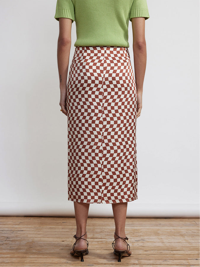Emmeline Brown Wavy Checker Midi Skirt by KITRI Studio