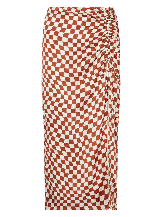 Emmeline Brown Wavy Checker Midi Skirt by KITRI Studio