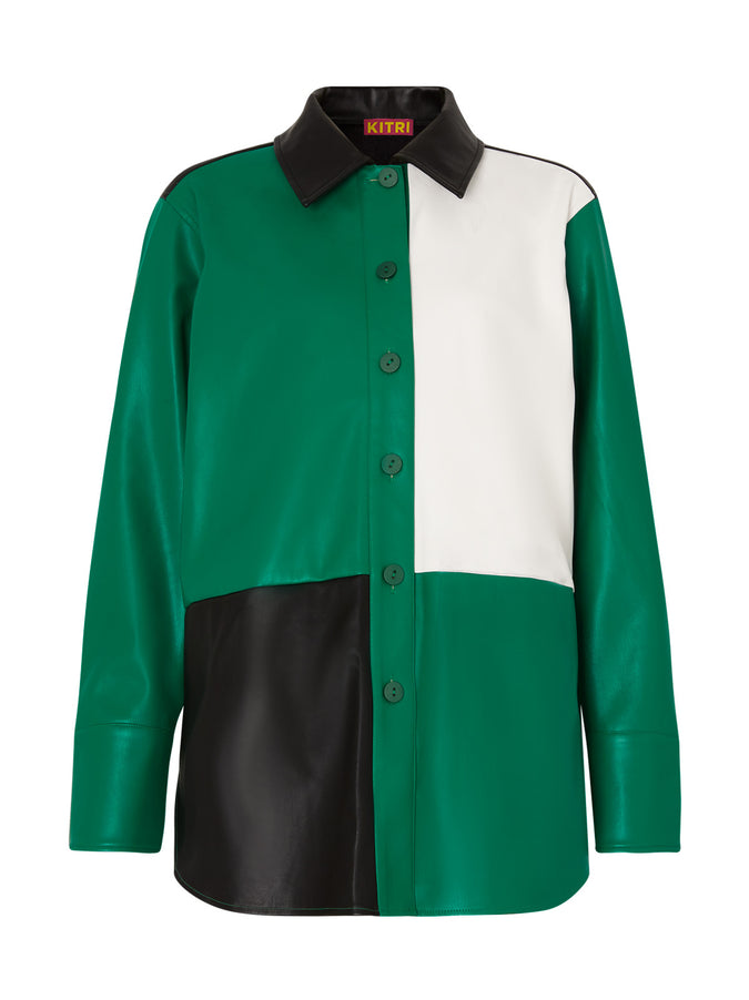 Ezra Green Colourblock Faux-Leather Overshirt by KITRI Studio