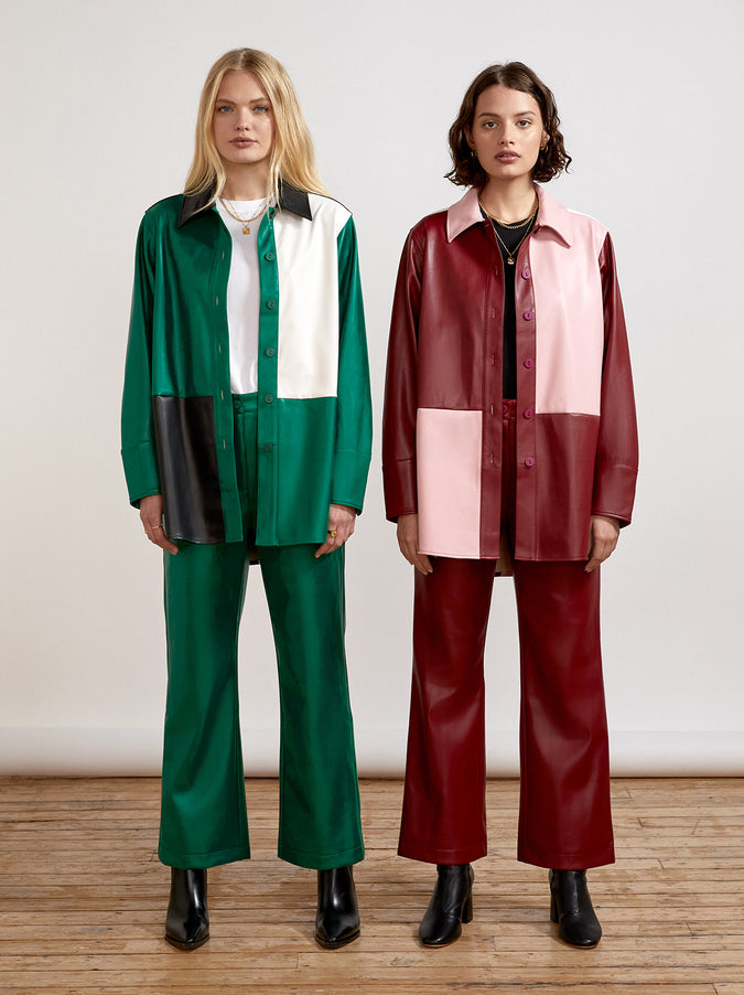 Ezra Green Colourblock Faux-Leather Overshirt by KITRI Studio