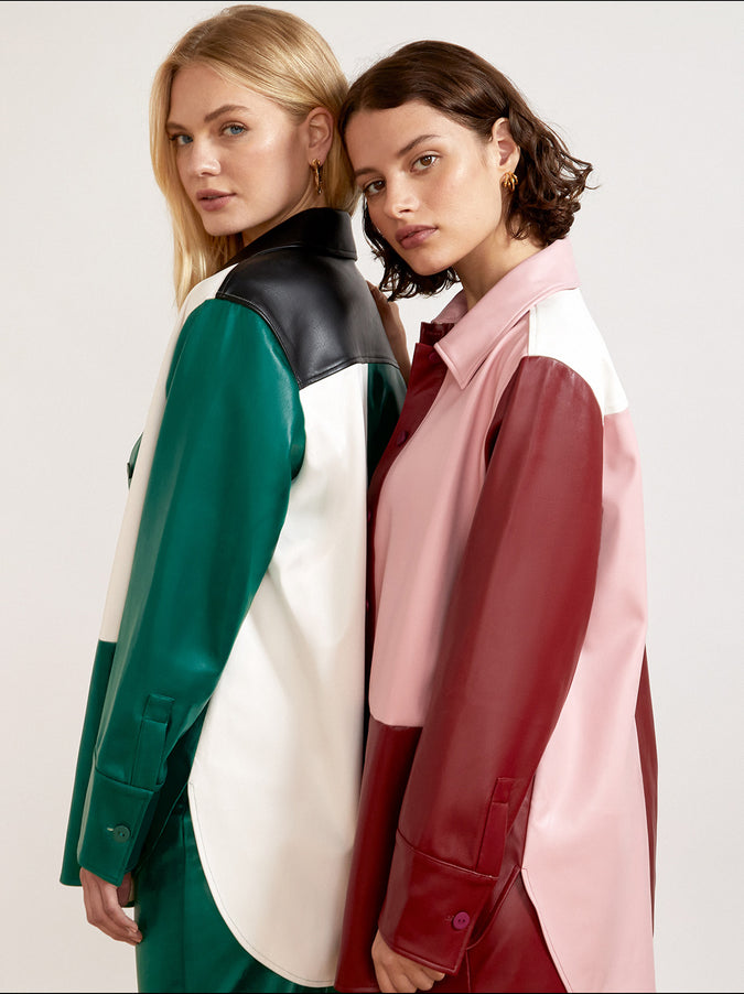 Ezra Green Colourblock Faux-Leather Overshirt by KITRI Studio