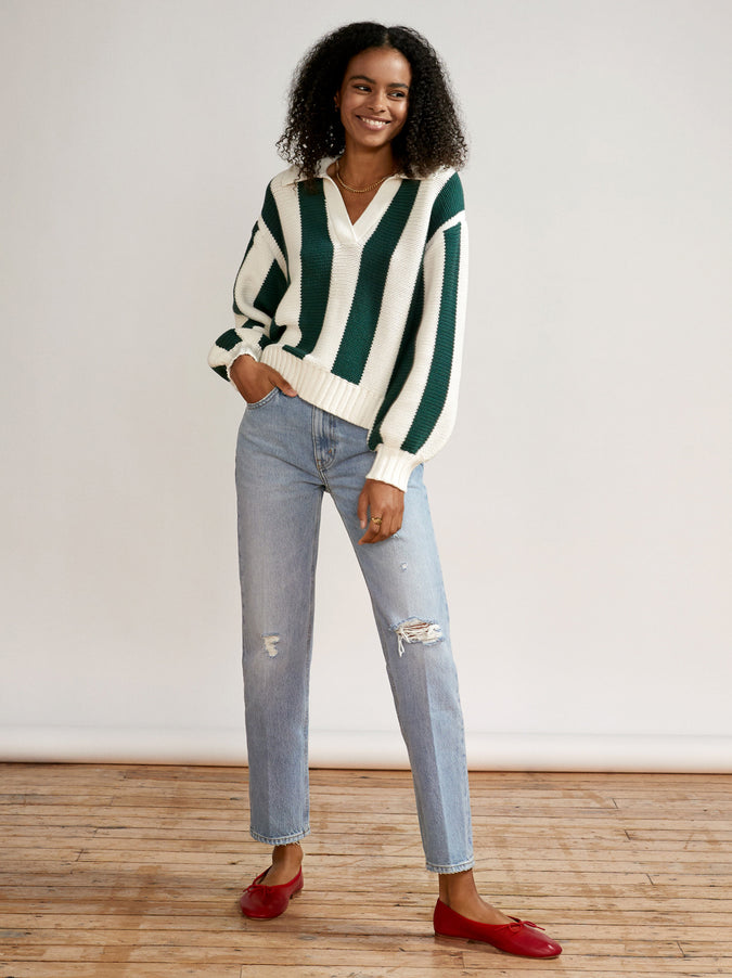 Fay Green Stripe Cotton Polo Sweater by KITRI Studio