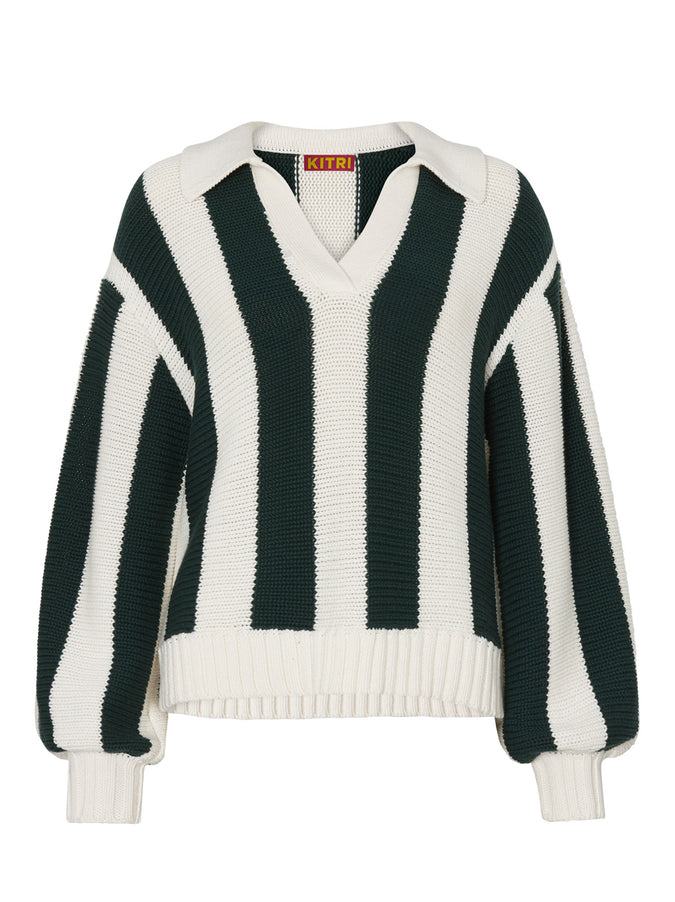 Fay Green Stripe Cotton Polo Sweater by KITRI Studio