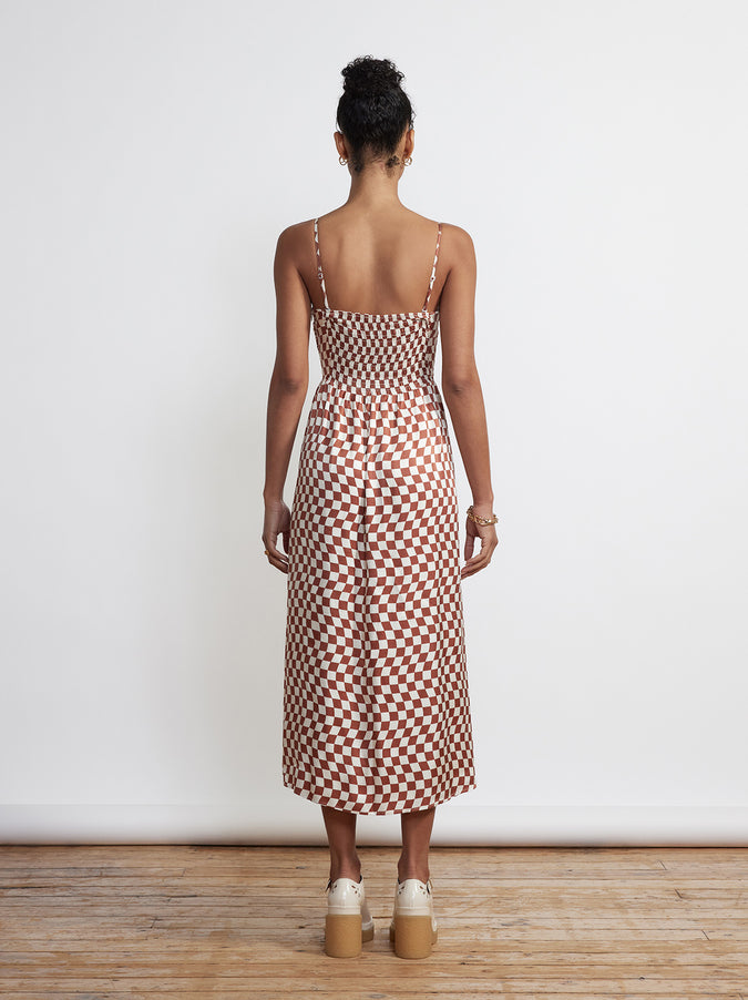 Genevieve Brown Wavy Checker Midi Dress by KITRI Studio