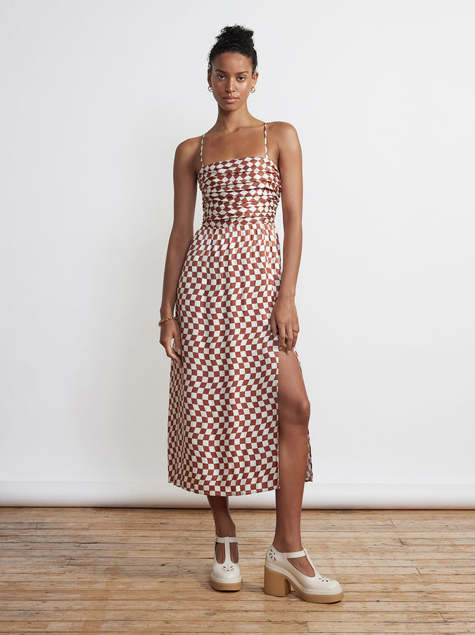 Genevieve Brown Wavy Checker Midi Dress by KITRI Studio