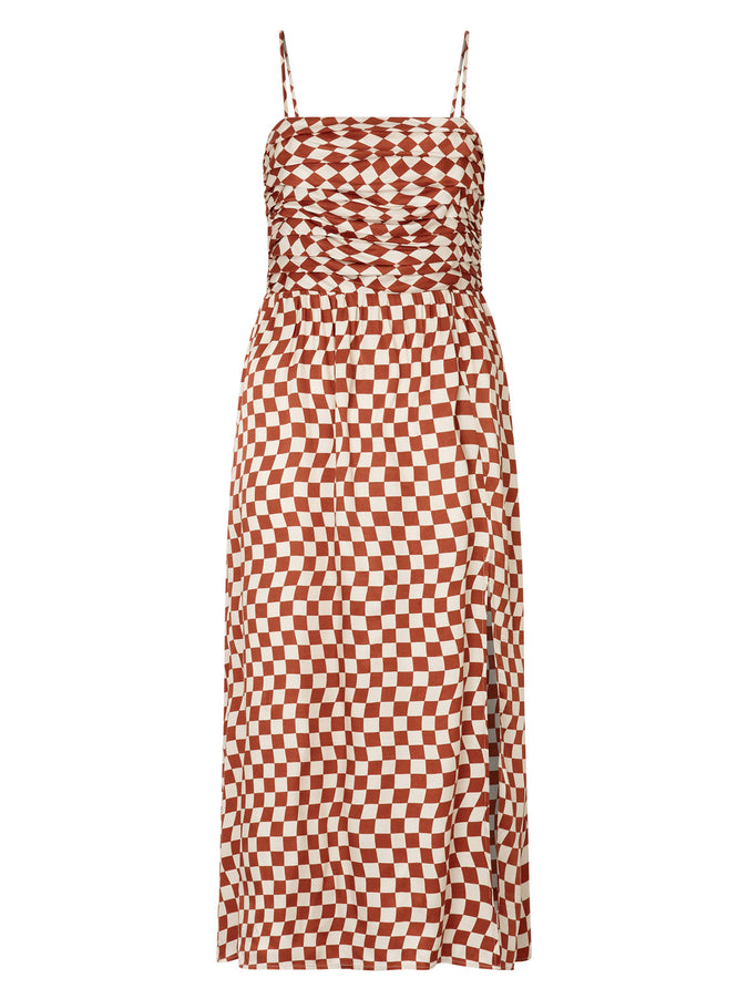 Genevieve Brown Wavy Checker Midi Dress by KITRI Studio